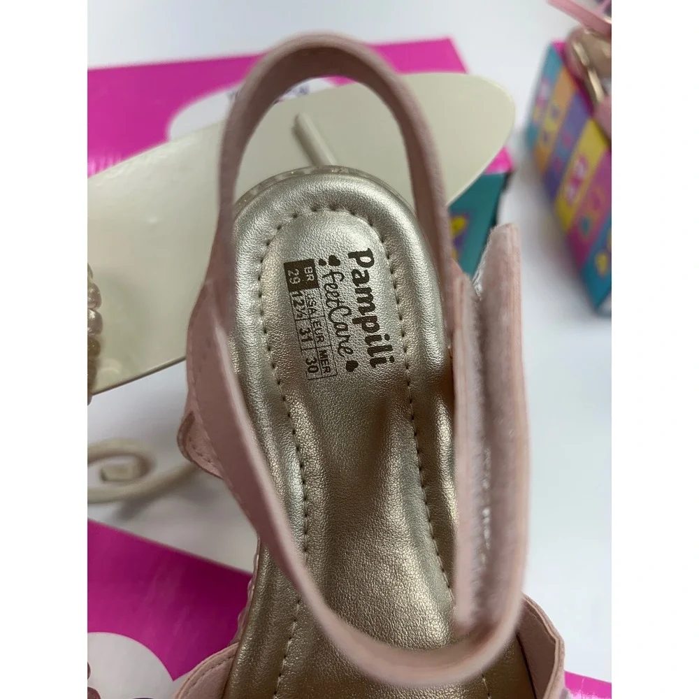 Pampili Girls Pink Holographic Heart Strappy Sandals Gold Footbed Size 12.5 US